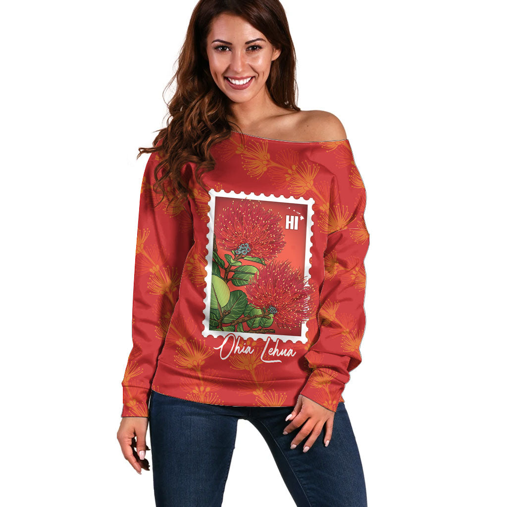Aloha Hawaii Ohia Lehua Off Shoulder Sweater Hawaiian Lei Stylized Stamp