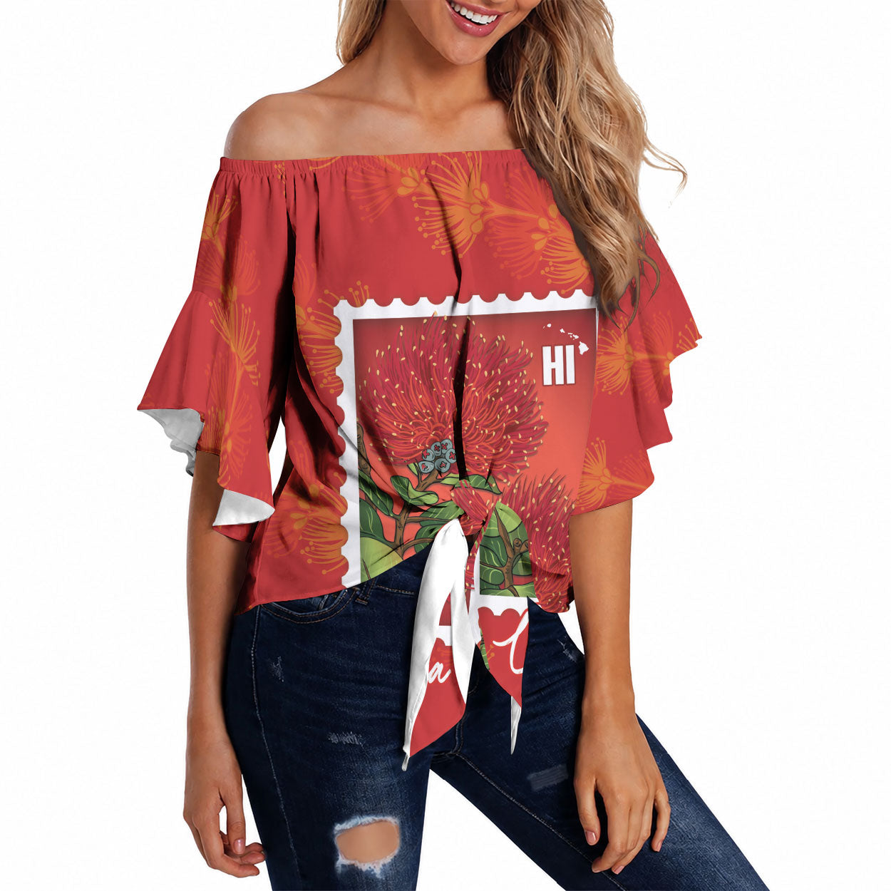 Aloha Hawaii Ohia Lehua Off Shoulder Wrap Waist Top Hawaiian Lei Stylized Stamp