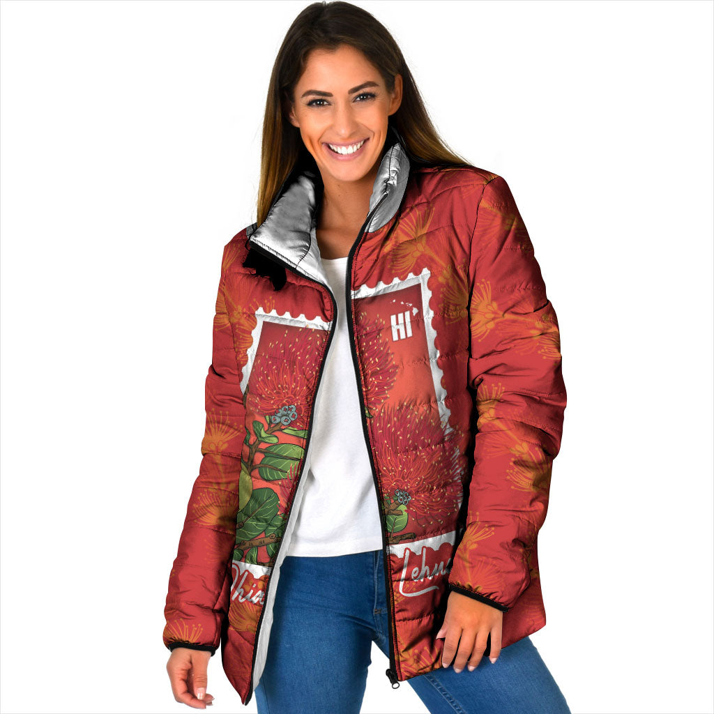 Aloha Hawaii Ohia Lehua Padded Jacket Hawaiian Lei Stylized Stamp LT14 Women Red - Polynesian Pride