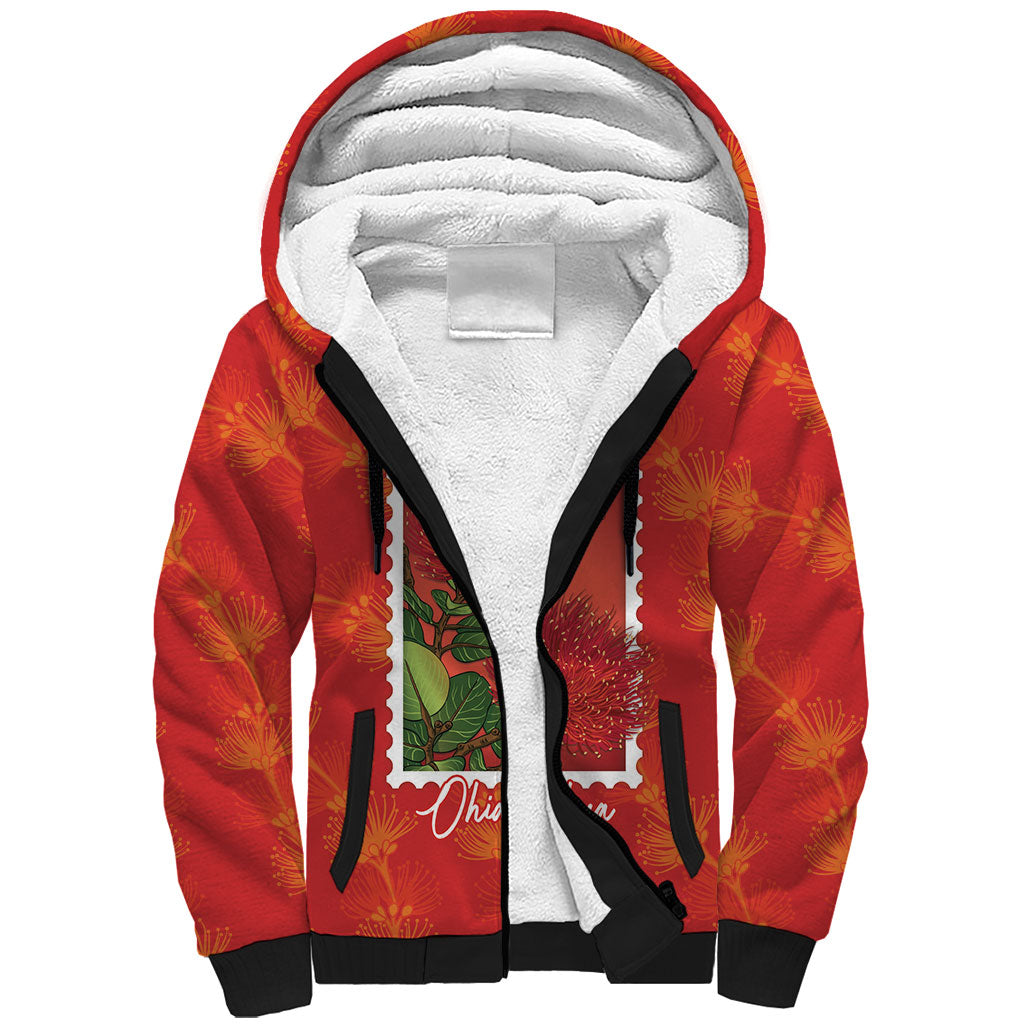 Aloha Hawaii Ohia Lehua Sherpa Hoodie Hawaiian Lei Stylized Stamp