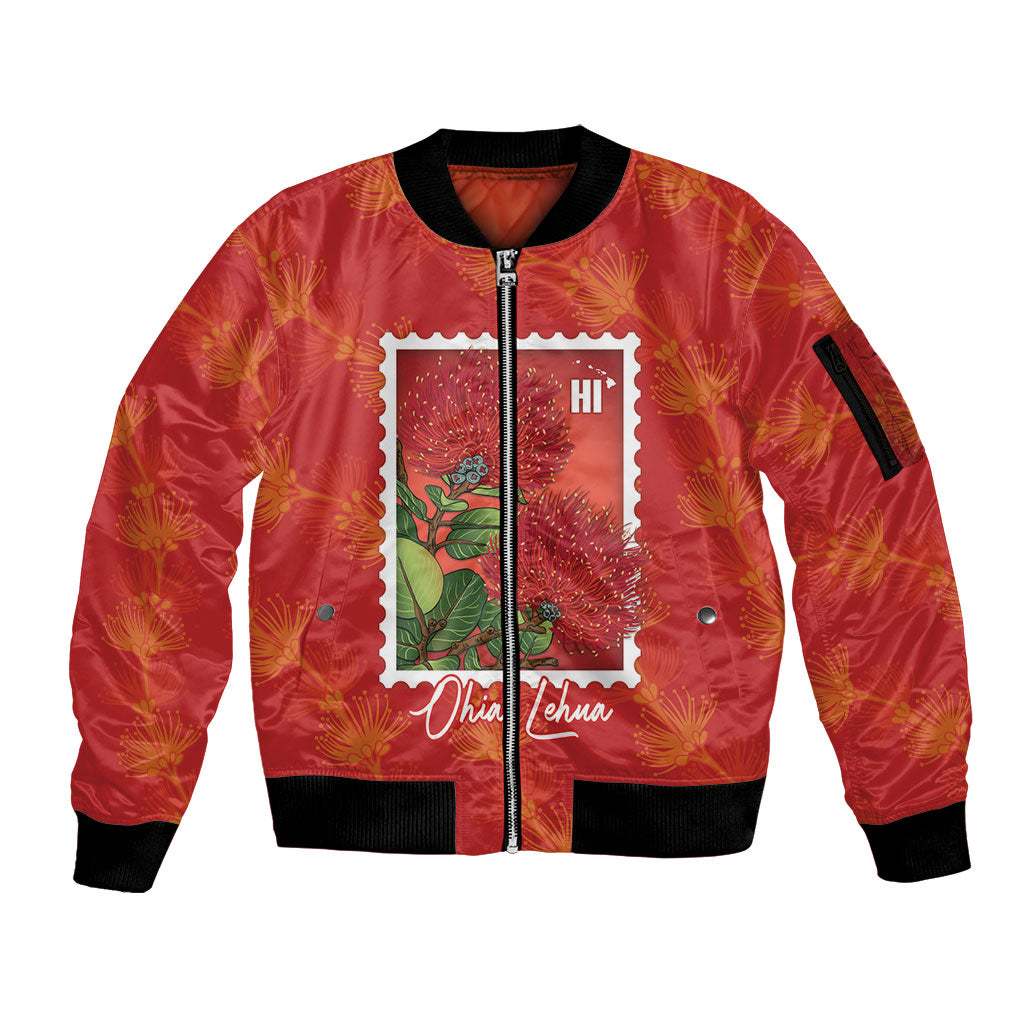 Aloha Hawaii Ohia Lehua Sleeve Zip Bomber Jacket Hawaiian Lei Stylized Stamp