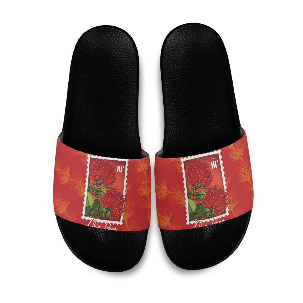 Aloha Hawaii Ohia Lehua Slide Sandals Hawaiian Lei Stylized Stamp LT14 Red - Polynesian Pride