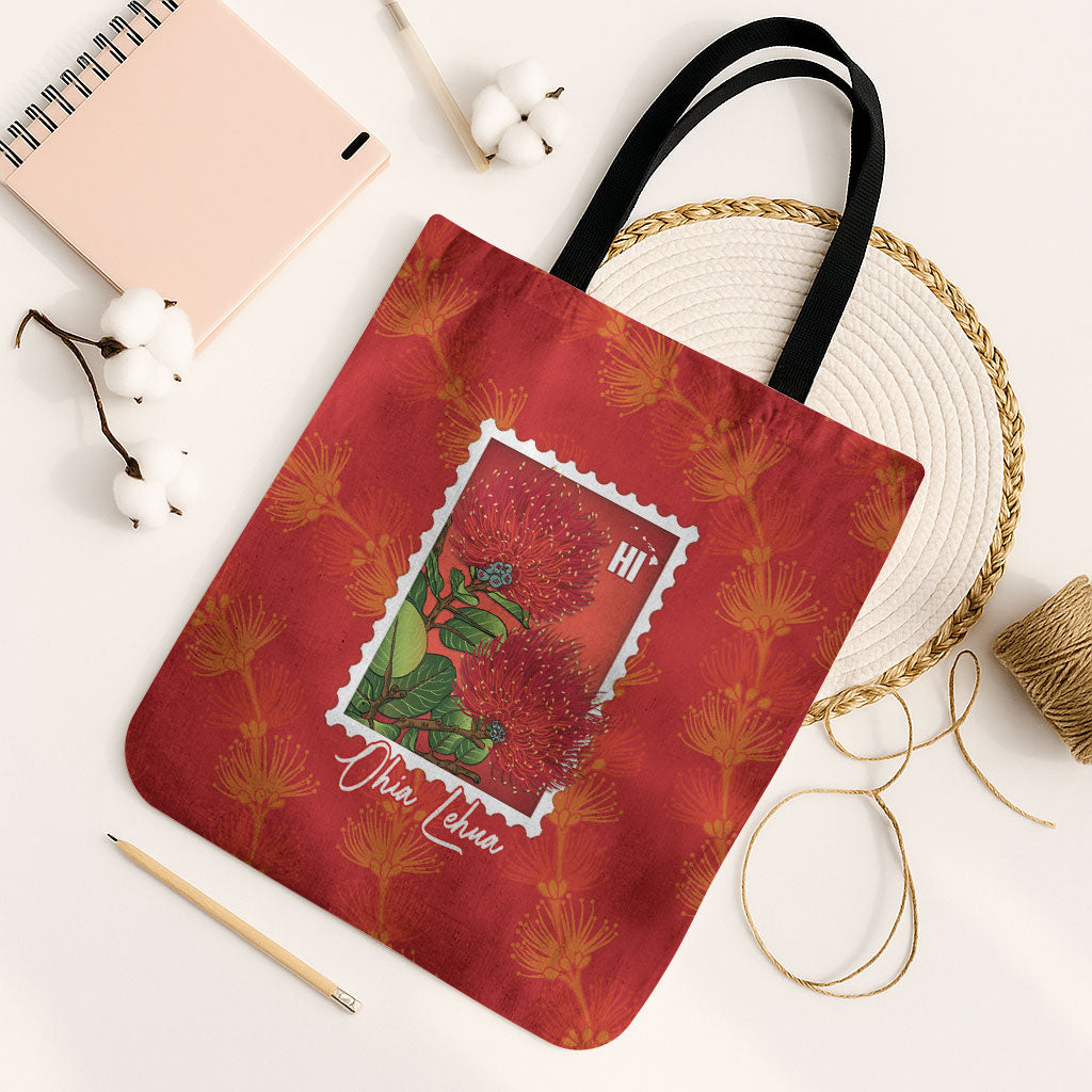 Aloha Hawaii Ohia Lehua Tote Bag Hawaiian Lei Stylized Stamp