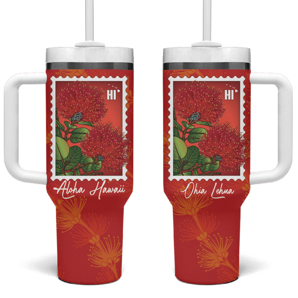 Aloha Hawaii Ohia Lehua Tumbler With Handle Hawaiian Lei Stylized Stamp