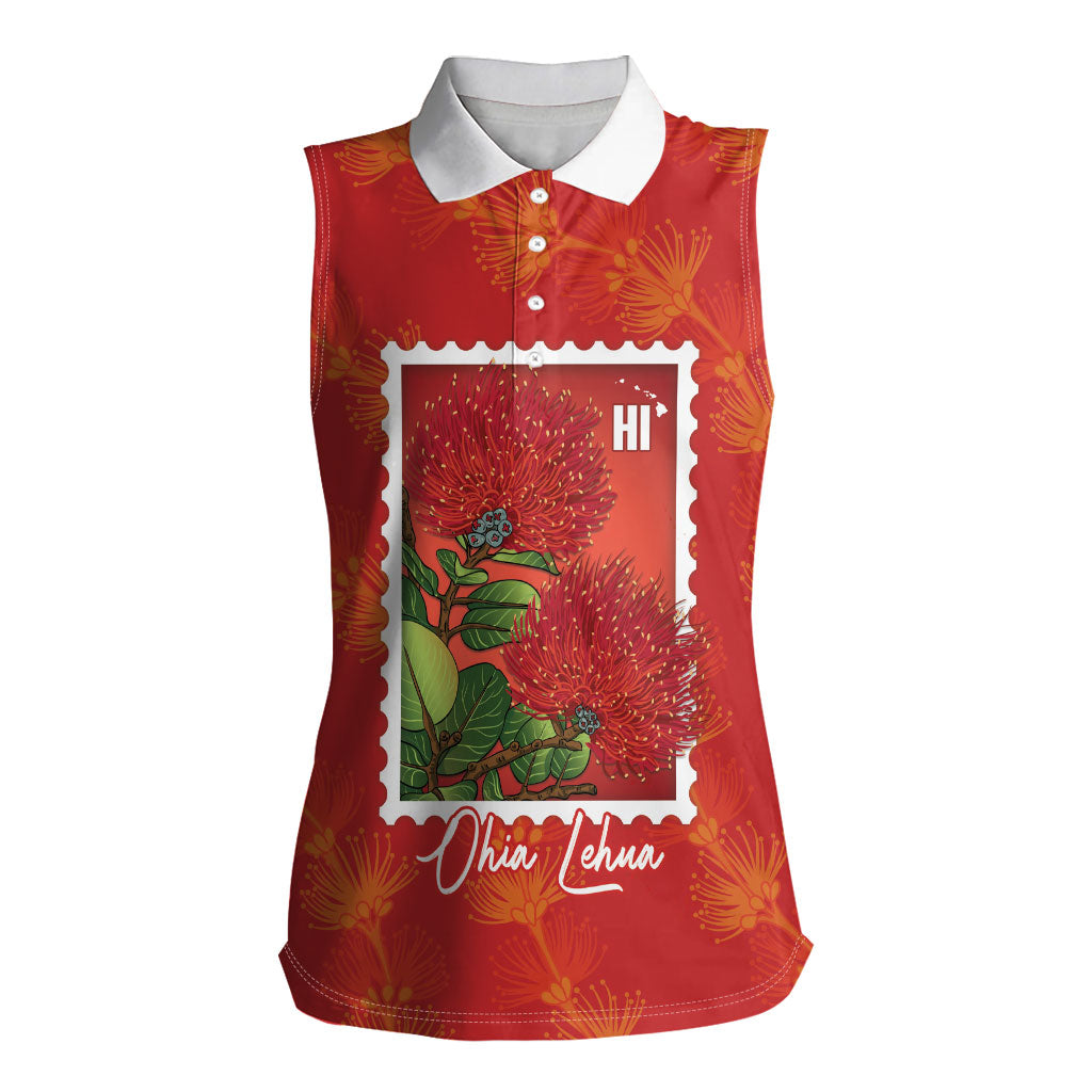 Aloha Hawaii Ohia Lehua Women Sleeveless Polo Shirt Hawaiian Lei Stylized Stamp