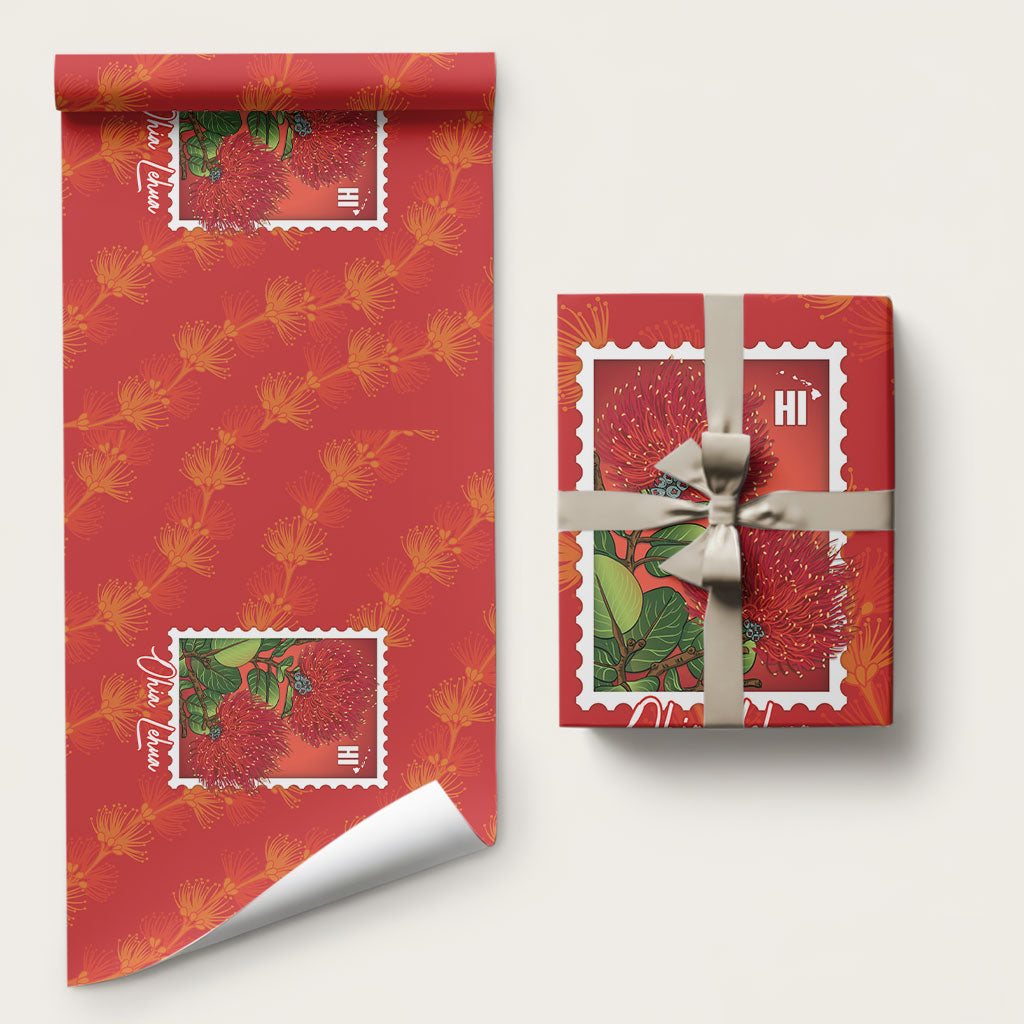 Aloha Hawaii Ohia Lehua Wrapping Paper Hawaiian Lei Stylized Stamp