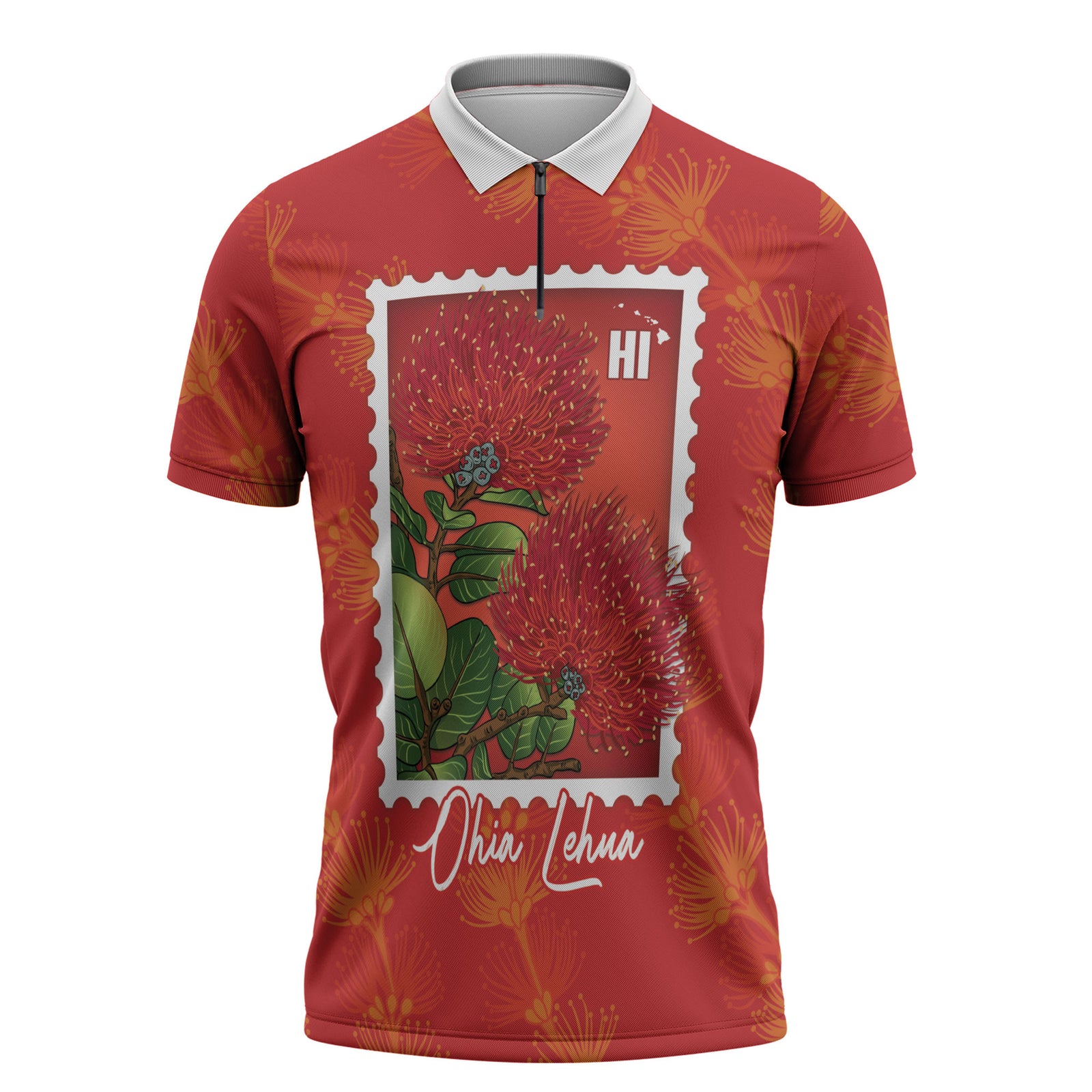 Aloha Hawaii Ohia Lehua Zipper Polo Shirt Hawaiian Lei Stylized Stamp