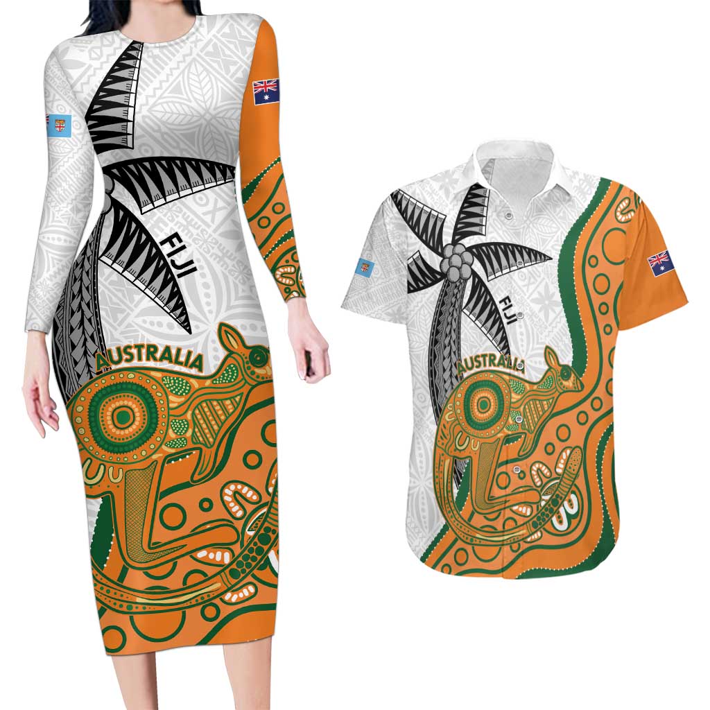 Custom Fiji And Australia Rugby Couples Matching Long Sleeve Bodycon Dress and Hawaiian Shirt Fijian Palm Tree Mix Aussie Kangaroo LT14 Gold - Polynesian Pride