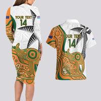 Custom Fiji And Australia Rugby Couples Matching Long Sleeve Bodycon Dress and Hawaiian Shirt Fijian Palm Tree Mix Aussie Kangaroo LT14 - Polynesian Pride