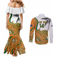 Custom Fiji And Australia Rugby Couples Matching Mermaid Dress and Long Sleeve Button Shirt Fijian Palm Tree Mix Aussie Kangaroo LT14 - Polynesian Pride