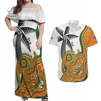 Custom Fiji And Australia Rugby Couples Matching Off Shoulder Maxi Dress and Hawaiian Shirt Fijian Palm Tree Mix Aussie Kangaroo LT14 Gold - Polynesian Pride