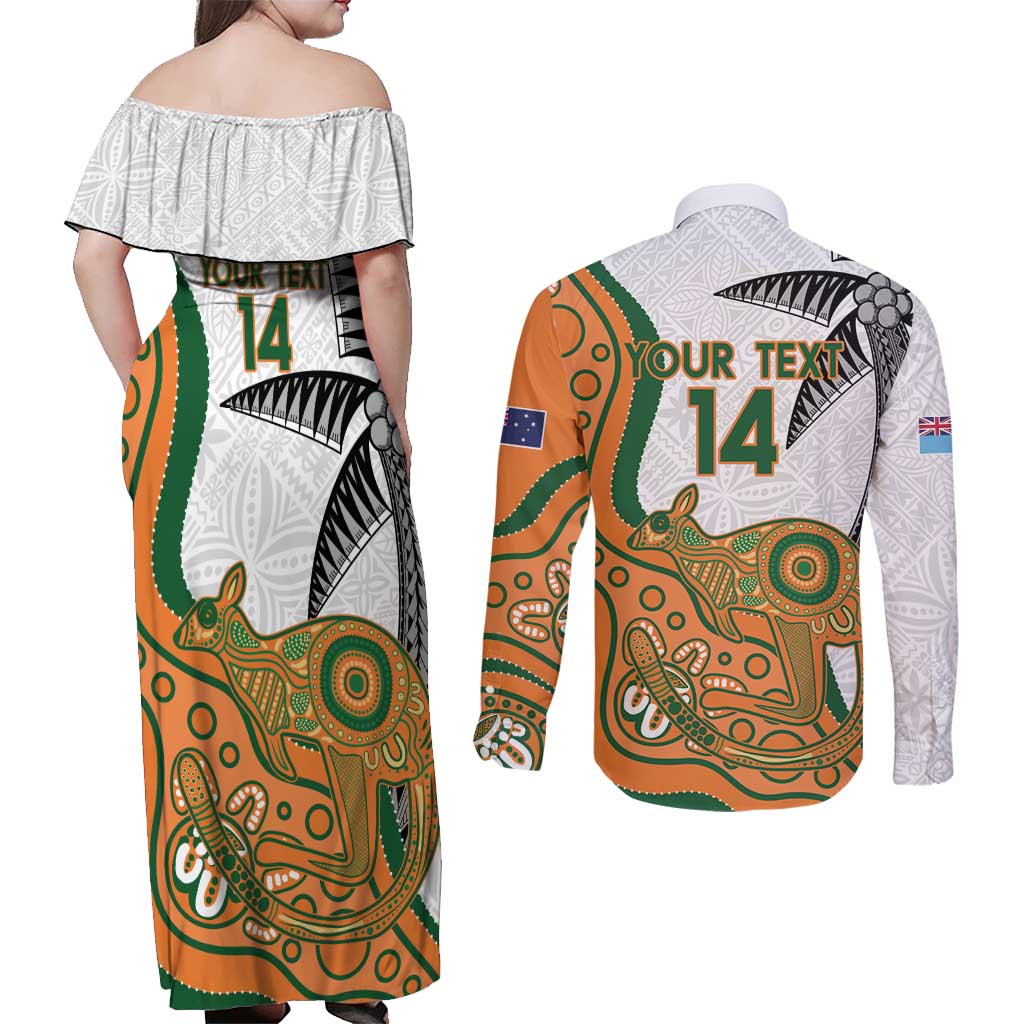 Custom Fiji And Australia Rugby Couples Matching Off Shoulder Maxi Dress and Long Sleeve Button Shirt Fijian Palm Tree Mix Aussie Kangaroo LT14 - Polynesian Pride