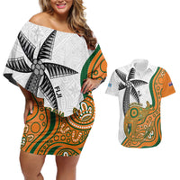Custom Fiji And Australia Rugby Couples Matching Off Shoulder Short Dress and Hawaiian Shirt Fijian Palm Tree Mix Aussie Kangaroo LT14 Gold - Polynesian Pride
