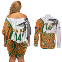 Custom Fiji And Australia Rugby Couples Matching Off Shoulder Short Dress and Long Sleeve Button Shirt Fijian Palm Tree Mix Aussie Kangaroo LT14 - Polynesian Pride