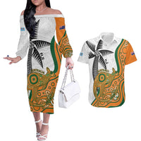 Custom Fiji And Australia Rugby Couples Matching Off The Shoulder Long Sleeve Dress and Hawaiian Shirt Fijian Palm Tree Mix Aussie Kangaroo LT14 Gold - Polynesian Pride