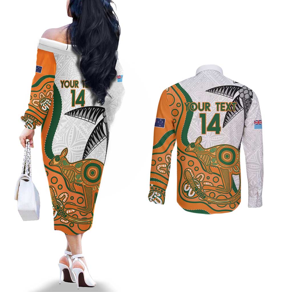 Custom Fiji And Australia Rugby Couples Matching Off The Shoulder Long Sleeve Dress and Long Sleeve Button Shirt Fijian Palm Tree Mix Aussie Kangaroo LT14 - Polynesian Pride