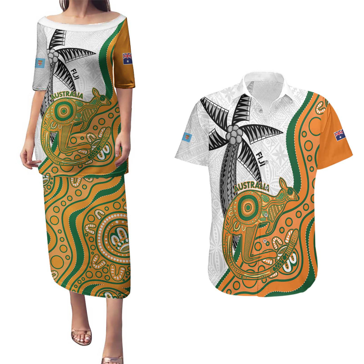 Custom Fiji And Australia Rugby Couples Matching Puletasi and Hawaiian Shirt Fijian Palm Tree Mix Aussie Kangaroo LT14 Gold - Polynesian Pride