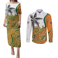 Custom Fiji And Australia Rugby Couples Matching Puletasi and Long Sleeve Button Shirt Fijian Palm Tree Mix Aussie Kangaroo LT14 Gold - Polynesian Pride