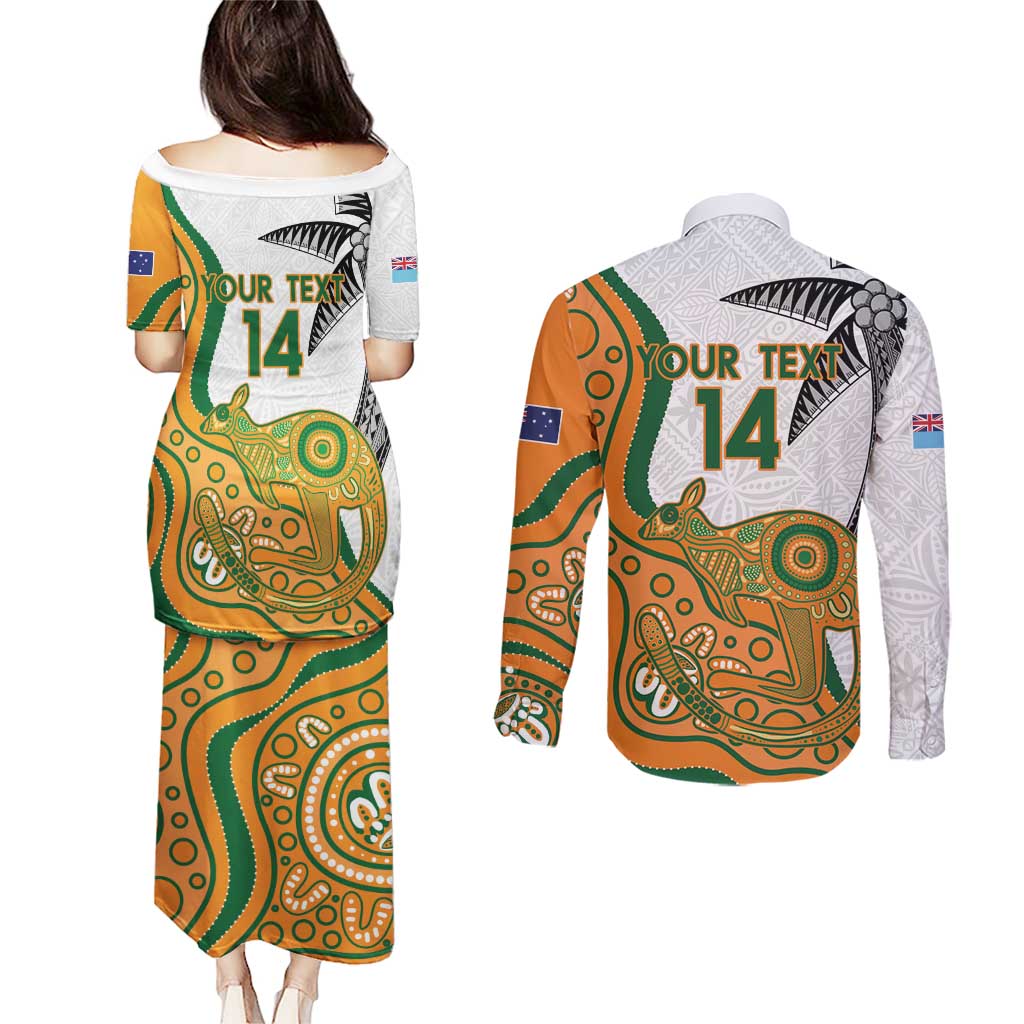 Custom Fiji And Australia Rugby Couples Matching Puletasi and Long Sleeve Button Shirt Fijian Palm Tree Mix Aussie Kangaroo LT14 - Polynesian Pride