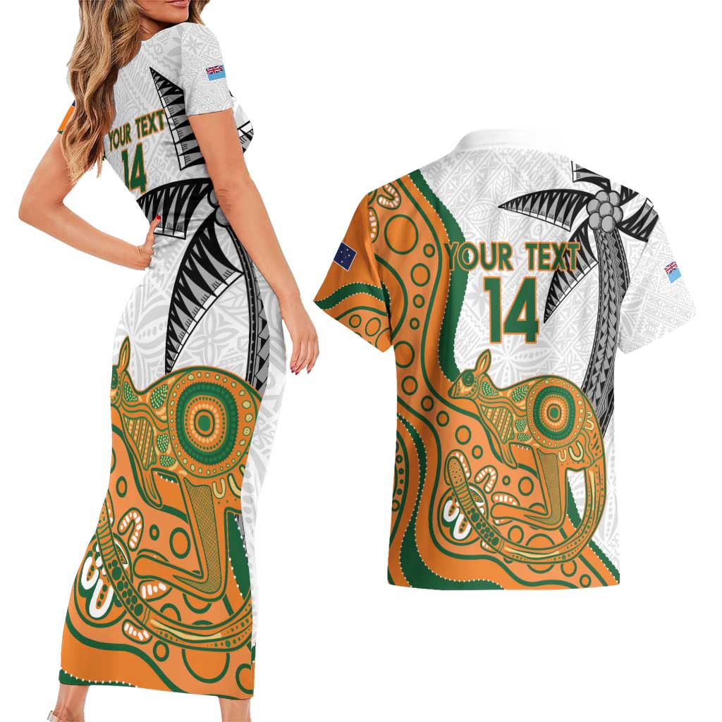 Custom Fiji And Australia Rugby Couples Matching Short Sleeve Bodycon Dress and Hawaiian Shirt Fijian Palm Tree Mix Aussie Kangaroo LT14 - Polynesian Pride