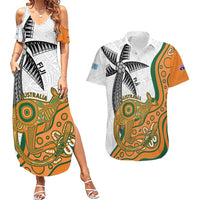 Custom Fiji And Australia Rugby Couples Matching Summer Maxi Dress and Hawaiian Shirt Fijian Palm Tree Mix Aussie Kangaroo LT14 Gold - Polynesian Pride