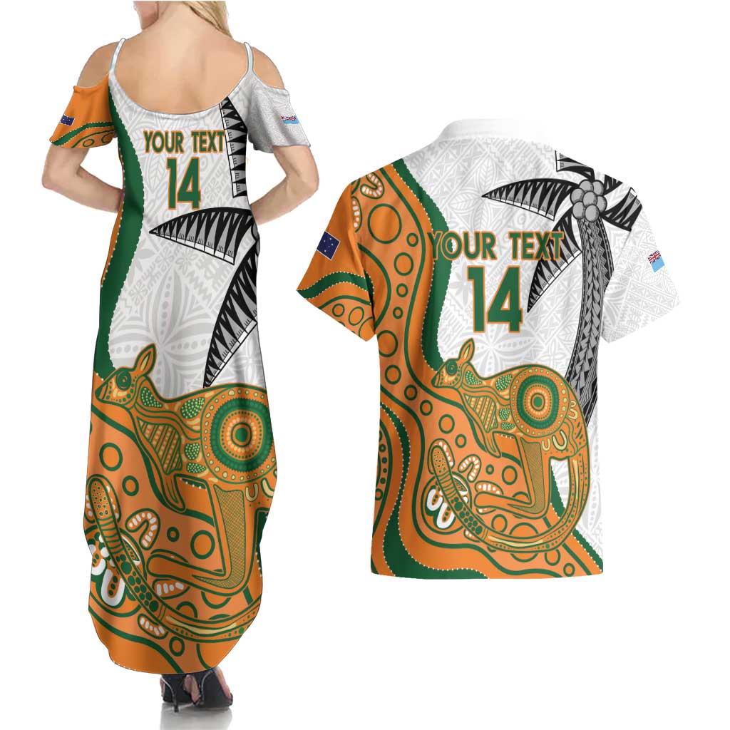 Custom Fiji And Australia Rugby Couples Matching Summer Maxi Dress and Hawaiian Shirt Fijian Palm Tree Mix Aussie Kangaroo LT14 - Polynesian Pride