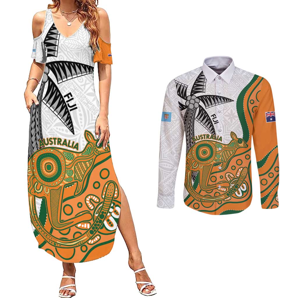 Custom Fiji And Australia Rugby Couples Matching Summer Maxi Dress and Long Sleeve Button Shirt Fijian Palm Tree Mix Aussie Kangaroo LT14 Gold - Polynesian Pride