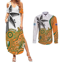 Custom Fiji And Australia Rugby Couples Matching Summer Maxi Dress and Long Sleeve Button Shirt Fijian Palm Tree Mix Aussie Kangaroo LT14 Gold - Polynesian Pride