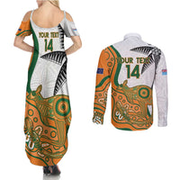 Custom Fiji And Australia Rugby Couples Matching Summer Maxi Dress and Long Sleeve Button Shirt Fijian Palm Tree Mix Aussie Kangaroo LT14 - Polynesian Pride