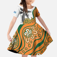 Custom Fiji And Australia Rugby Family Matching Mermaid Dress and Hawaiian Shirt Fijian Palm Tree Mix Aussie Kangaroo LT14 Daughter's Dress Gold - Polynesian Pride