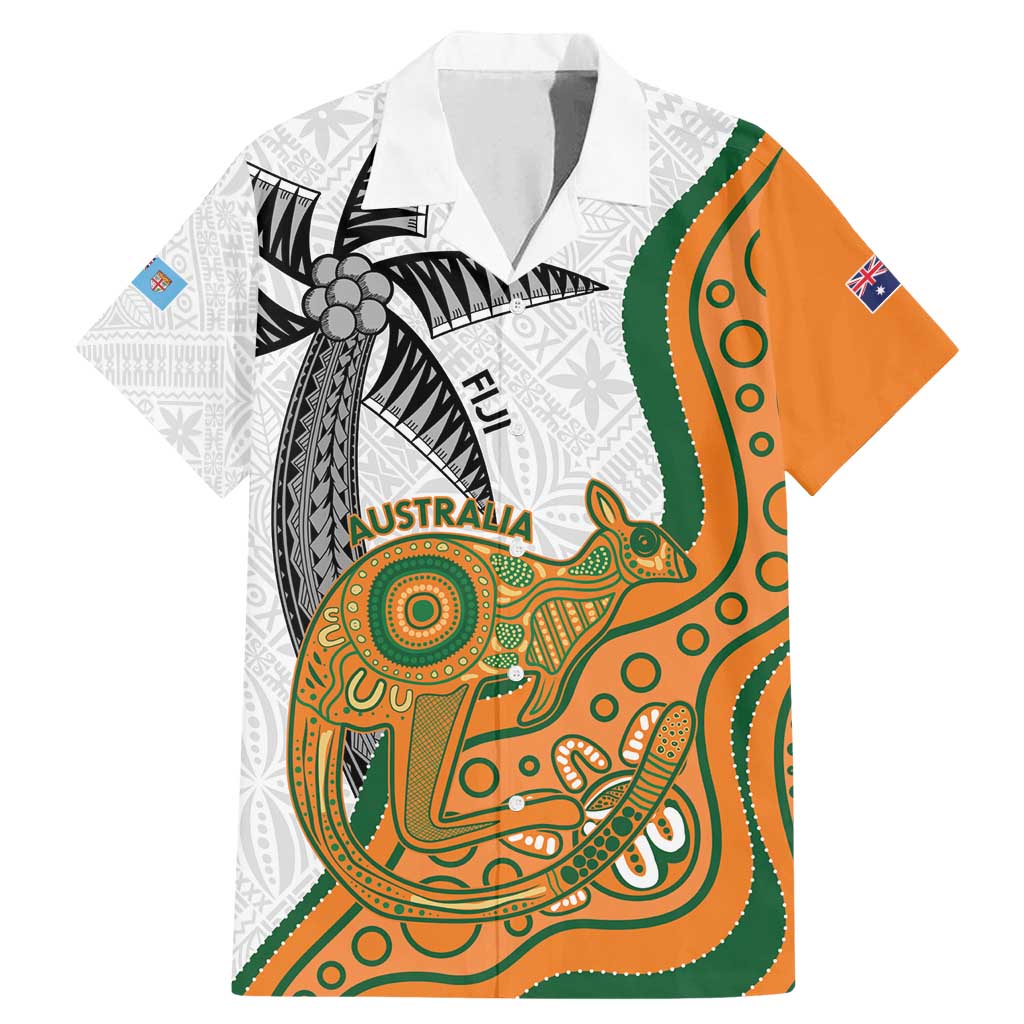 Custom Fiji And Australia Rugby Family Matching Mermaid Dress and Hawaiian Shirt Fijian Palm Tree Mix Aussie Kangaroo LT14 Dad's Shirt - Short Sleeve Gold - Polynesian Pride