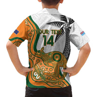 Custom Fiji And Australia Rugby Family Matching Off The Shoulder Long Sleeve Dress and Hawaiian Shirt Fijian Palm Tree Mix Aussie Kangaroo LT14 - Polynesian Pride
