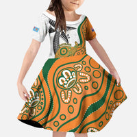 Custom Fiji And Australia Rugby Family Matching Off The Shoulder Long Sleeve Dress and Hawaiian Shirt Fijian Palm Tree Mix Aussie Kangaroo LT14 Daughter's Dress Gold - Polynesian Pride