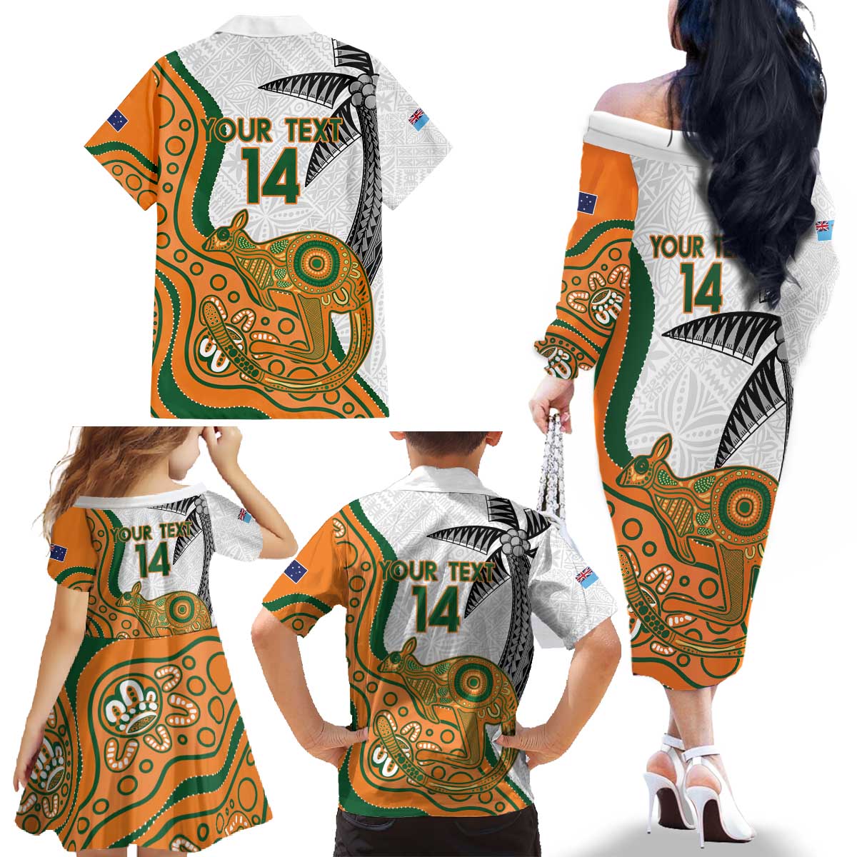 Custom Fiji And Australia Rugby Family Matching Off The Shoulder Long Sleeve Dress and Hawaiian Shirt Fijian Palm Tree Mix Aussie Kangaroo LT14 - Polynesian Pride