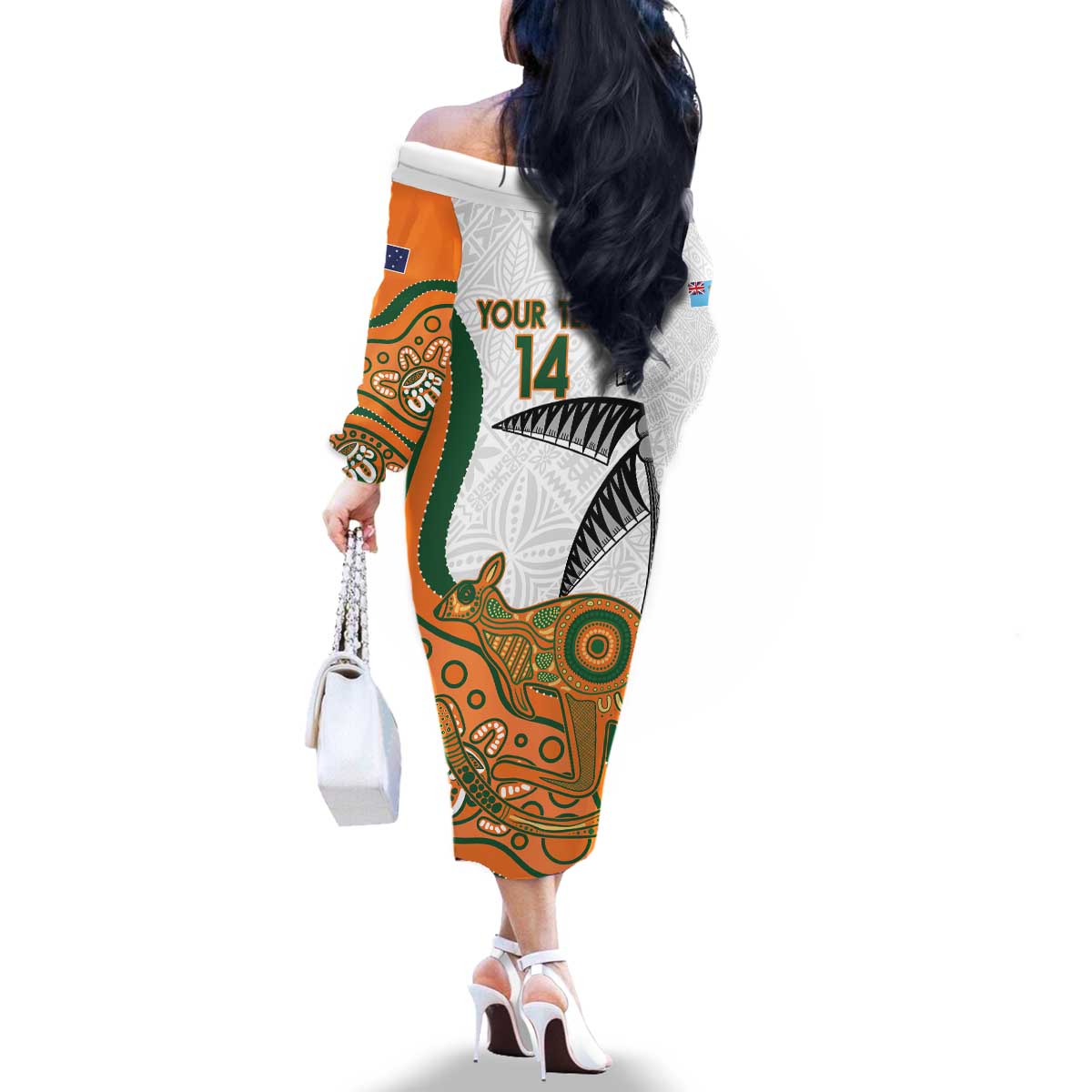 Custom Fiji And Australia Rugby Family Matching Off The Shoulder Long Sleeve Dress and Hawaiian Shirt Fijian Palm Tree Mix Aussie Kangaroo LT14 - Polynesian Pride