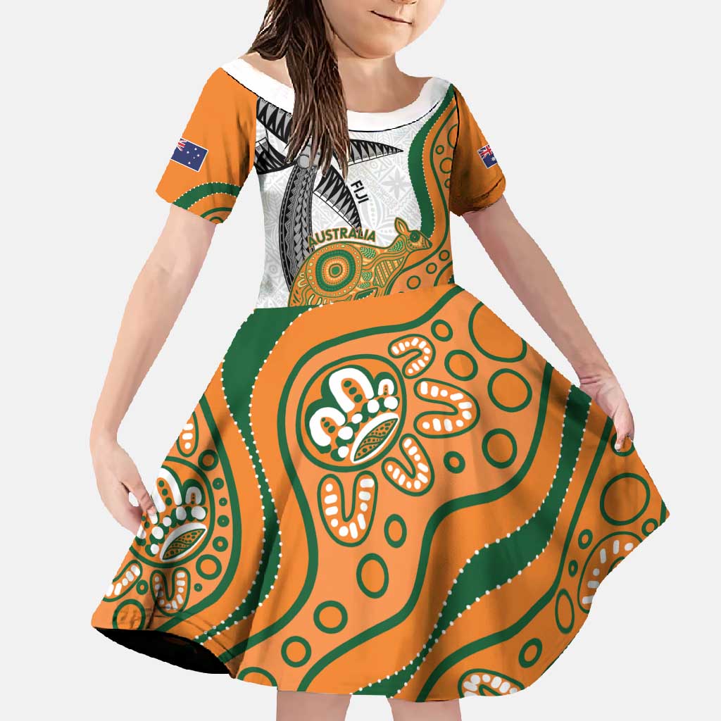 Custom Fiji And Australia Rugby Family Matching Off Shoulder Maxi Dress and Hawaiian Shirt Fijian Palm Tree Mix Aussie Kangaroo LT14 Daughter's Dress Gold - Polynesian Pride