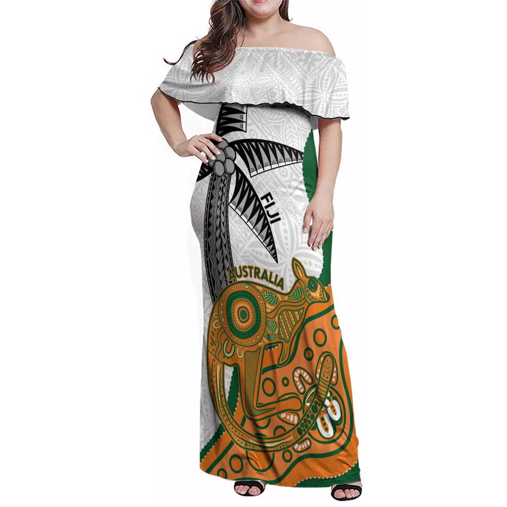 Custom Fiji And Australia Rugby Family Matching Off Shoulder Maxi Dress and Hawaiian Shirt Fijian Palm Tree Mix Aussie Kangaroo LT14 Mom's Dress Gold - Polynesian Pride