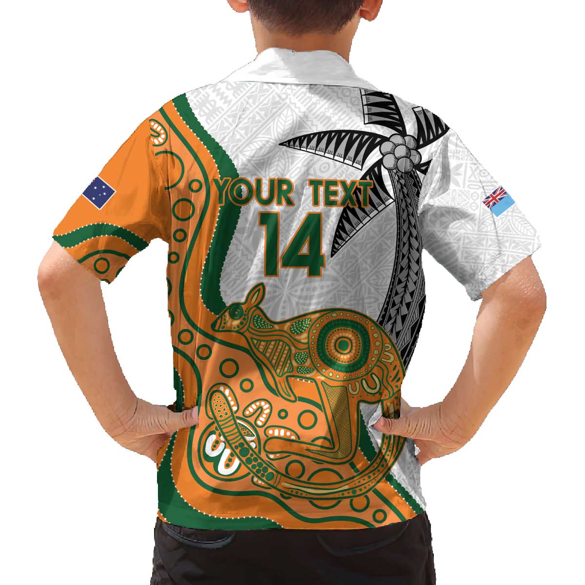 Custom Fiji And Australia Rugby Family Matching Off Shoulder Short Dress and Hawaiian Shirt Fijian Palm Tree Mix Aussie Kangaroo LT14 - Polynesian Pride