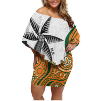 Custom Fiji And Australia Rugby Family Matching Off Shoulder Short Dress and Hawaiian Shirt Fijian Palm Tree Mix Aussie Kangaroo LT14 Mom's Dress Gold - Polynesian Pride