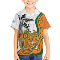 Custom Fiji And Australia Rugby Family Matching Off Shoulder Short Dress and Hawaiian Shirt Fijian Palm Tree Mix Aussie Kangaroo LT14 Son's Shirt Gold - Polynesian Pride