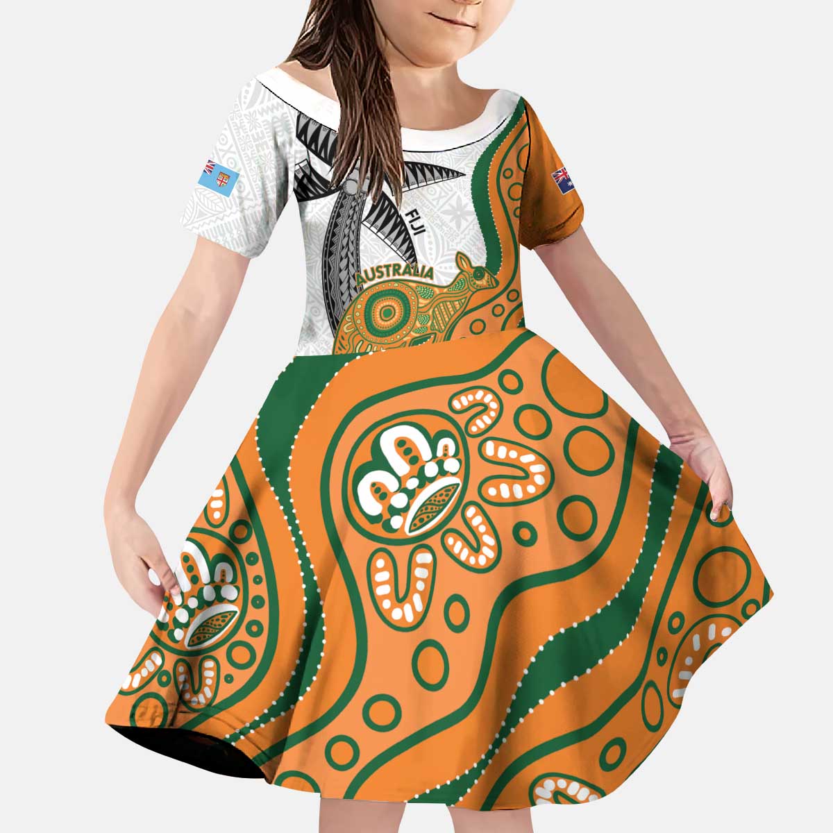 Custom Fiji And Australia Rugby Family Matching Puletasi and Hawaiian Shirt Fijian Palm Tree Mix Aussie Kangaroo LT14 Daughter's Dress Gold - Polynesian Pride