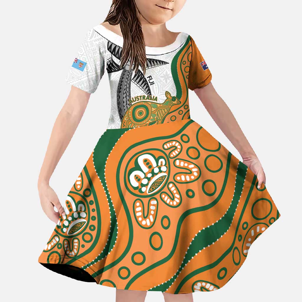 Custom Fiji And Australia Rugby Family Matching Short Sleeve Bodycon Dress and Hawaiian Shirt Fijian Palm Tree Mix Aussie Kangaroo LT14 Daughter's Dress Gold - Polynesian Pride