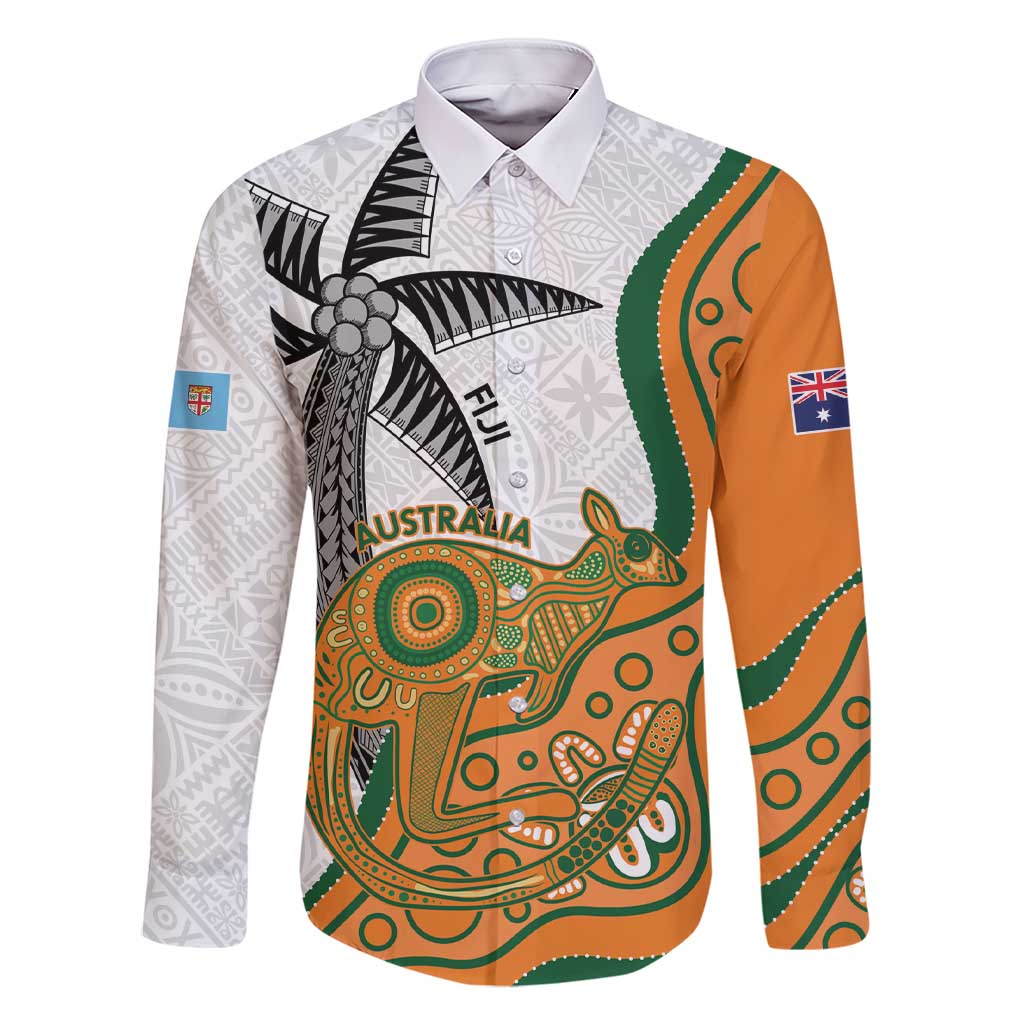 Custom Fiji And Australia Rugby Family Matching Short Sleeve Bodycon Dress and Hawaiian Shirt Fijian Palm Tree Mix Aussie Kangaroo LT14 Dad's Shirt - Long Sleeve Gold - Polynesian Pride