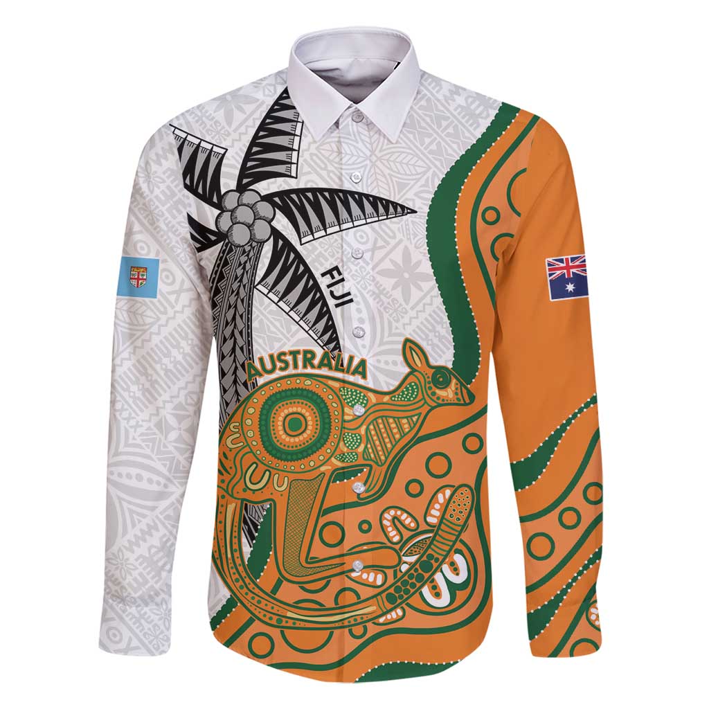 Custom Fiji And Australia Rugby Family Matching Summer Maxi Dress and Hawaiian Shirt Fijian Palm Tree Mix Aussie Kangaroo LT14 Dad's Shirt - Long Sleeve Gold - Polynesian Pride