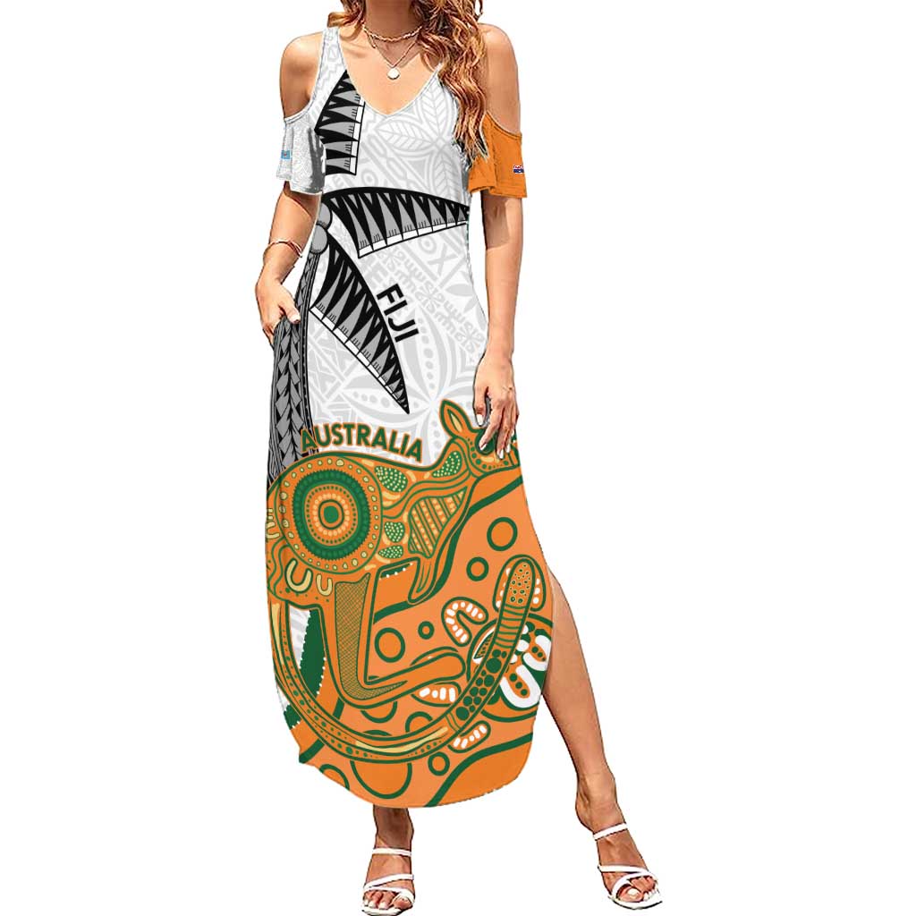 Custom Fiji And Australia Rugby Family Matching Summer Maxi Dress and Hawaiian Shirt Fijian Palm Tree Mix Aussie Kangaroo LT14 Mom's Dress Gold - Polynesian Pride