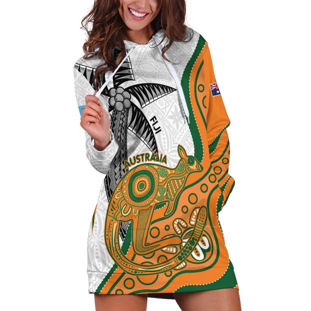 Custom Fiji And Australia Rugby Hoodie Dress Fijian Palm Tree Mix Aussie Kangaroo LT14 Gold - Polynesian Pride