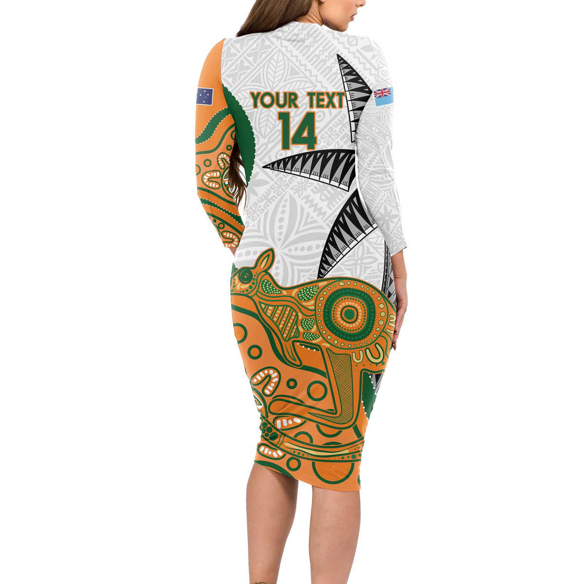 Custom Fiji And Australia Rugby Long Sleeve Bodycon Dress Fijian Palm Tree Mix Aussie Kangaroo LT14 - Polynesian Pride