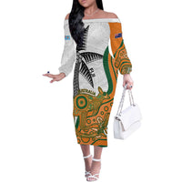 Custom Fiji And Australia Rugby Off The Shoulder Long Sleeve Dress Fijian Palm Tree Mix Aussie Kangaroo LT14 Women Gold - Polynesian Pride