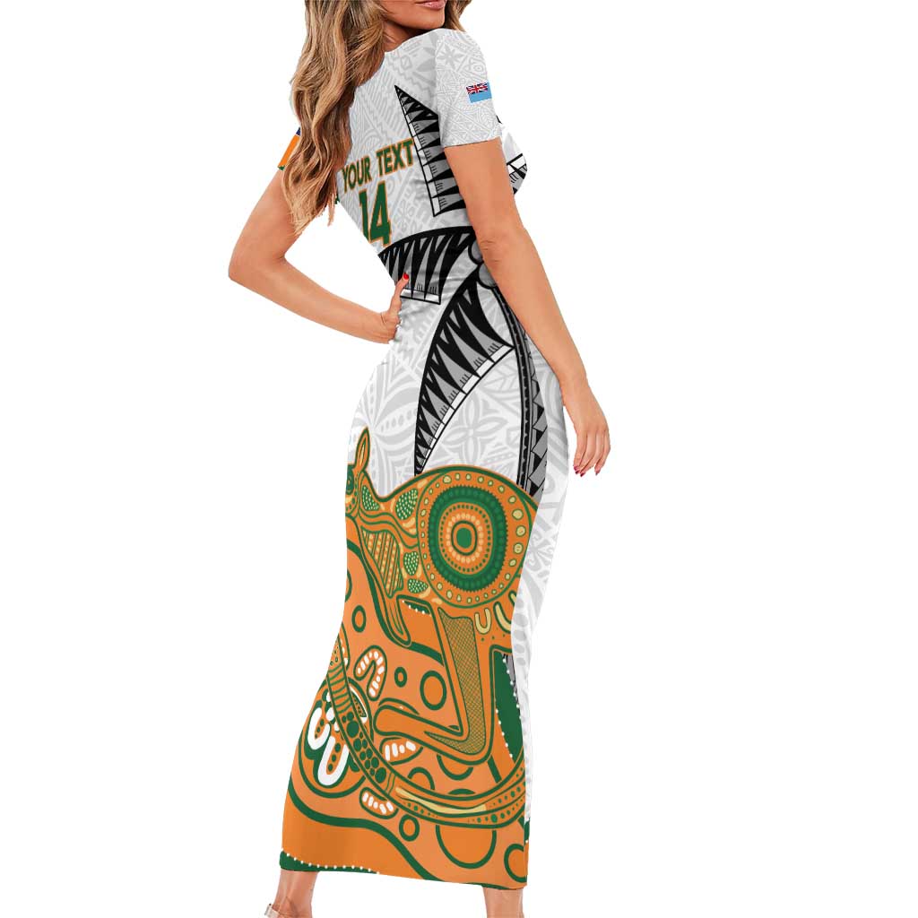 Custom Fiji And Australia Rugby Short Sleeve Bodycon Dress Fijian Palm Tree Mix Aussie Kangaroo LT14 - Polynesian Pride