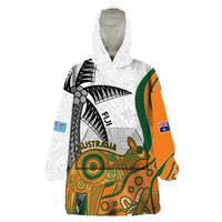 Custom Fiji And Australia Rugby Wearable Blanket Hoodie Fijian Palm Tree Mix Aussie Kangaroo LT14 One Size Gold - Polynesian Pride